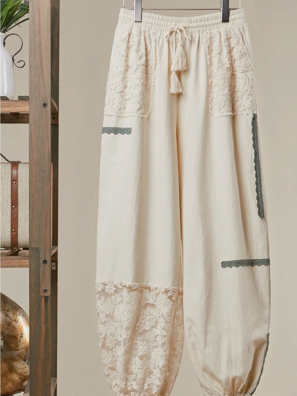 Cream Lace-Accent Elastic Waist Harem Pants
